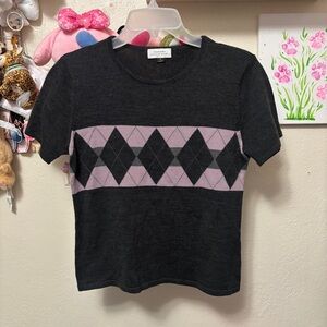 y2k Tahari Argyle Wool Blend Short Sleeve Top Sz 4